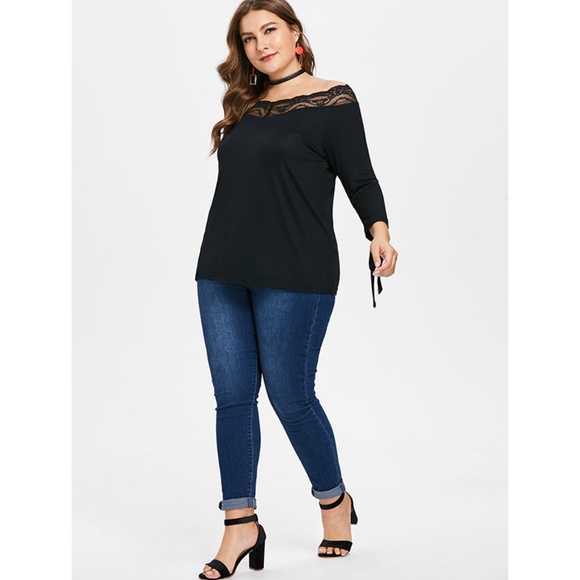 Plus Size Off Shoulder Slim Fit Top - Black - Picture 3 of 8